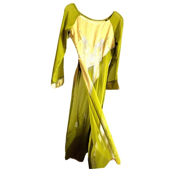 Asian Chinese Long Maxi Sheer Cocktail Dress Size S Green Metallic Silver - Picture 3 of 15